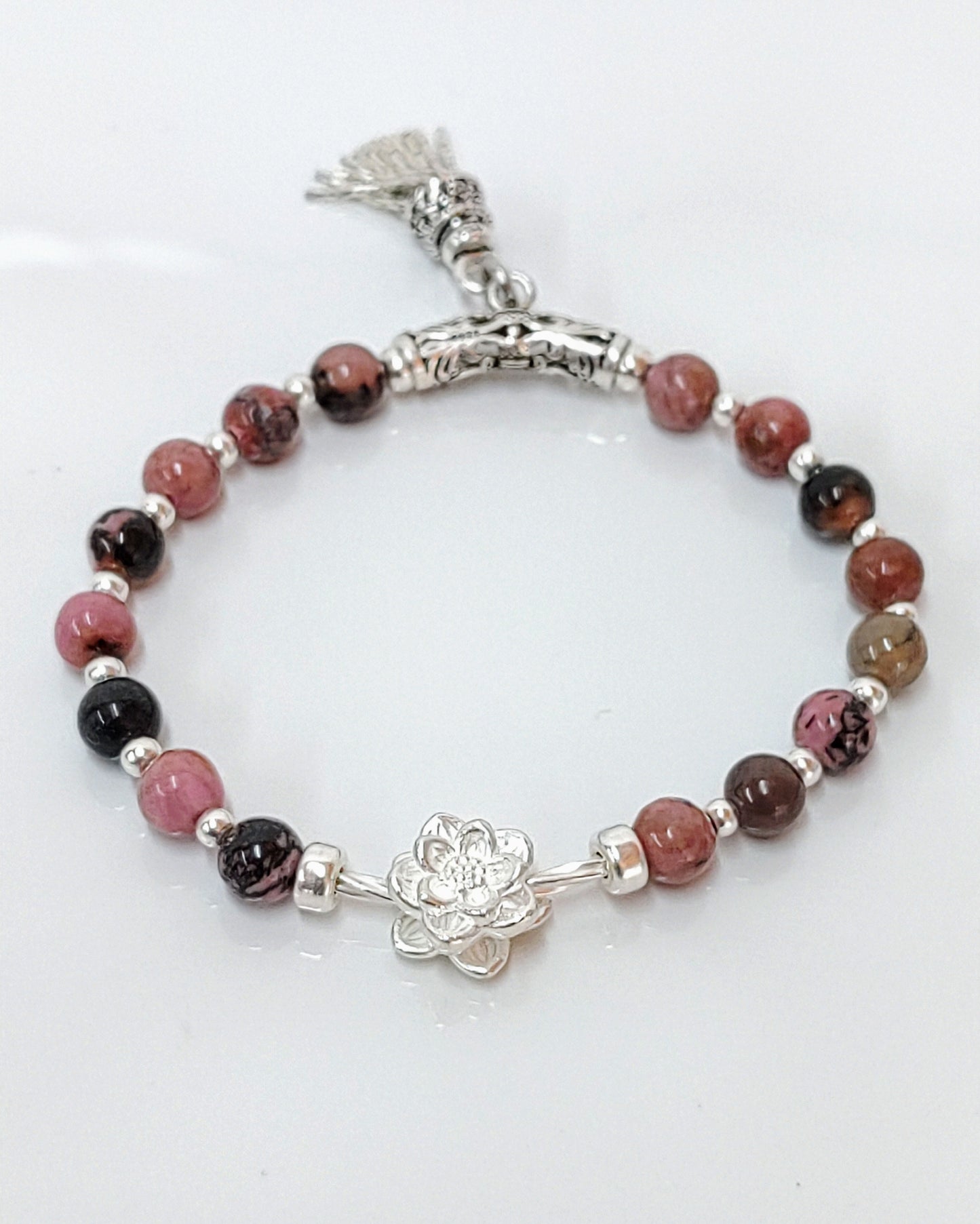 sterling silver bracelet, rhodochrosite jewelry, black veins beads, handmade stretch bracelet, women’s gift jewelry, gift for her, gemstone bracelet, stretchy silver bracelet, unique gemstone gift, natural stone bracelet, birthday gift jewelry, elegant everyday bracelet, handcrafted jewelry