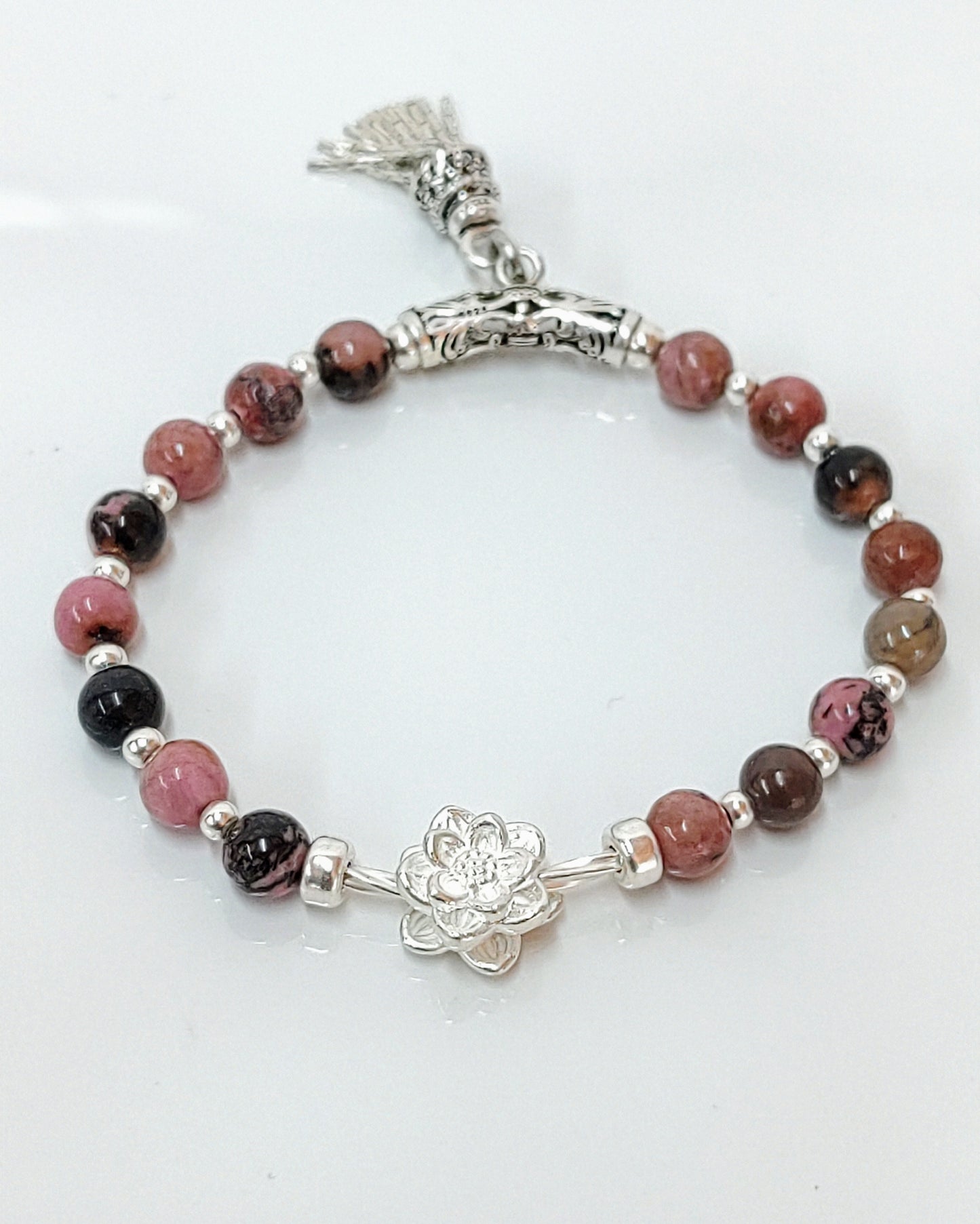 sterling silver bracelet, rhodochrosite jewelry, black veins beads, handmade stretch bracelet, women’s gift jewelry, gift for her, gemstone bracelet, stretchy silver bracelet, unique gemstone gift, natural stone bracelet, birthday gift jewelry, elegant everyday bracelet, handcrafted jewelry
