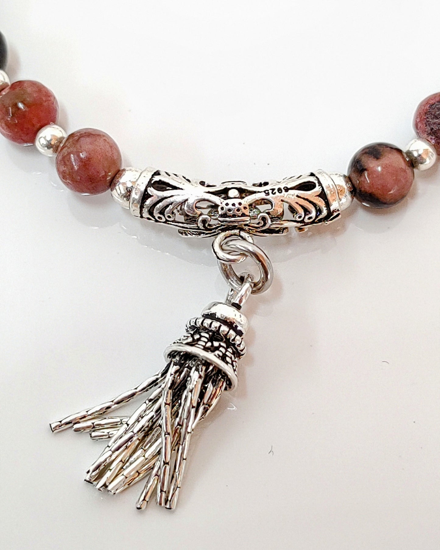 sterling silver bracelet, rhodochrosite jewelry, black veins beads, handmade stretch bracelet, women’s gift jewelry, gift for her, gemstone bracelet, stretchy silver bracelet, unique gemstone gift, natural stone bracelet, birthday gift jewelry, elegant everyday bracelet, handcrafted jewelry