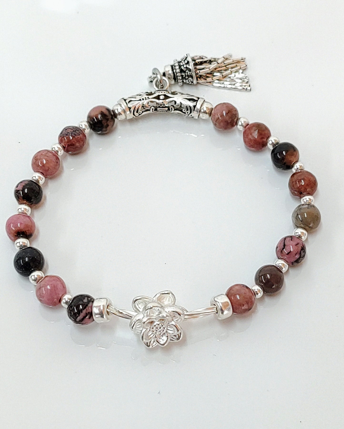 sterling silver bracelet, rhodochrosite jewelry, black veins beads, handmade stretch bracelet, women’s gift jewelry, gift for her, gemstone bracelet, stretchy silver bracelet, unique gemstone gift, natural stone bracelet, birthday gift jewelry, elegant everyday bracelet, handcrafted jewelry