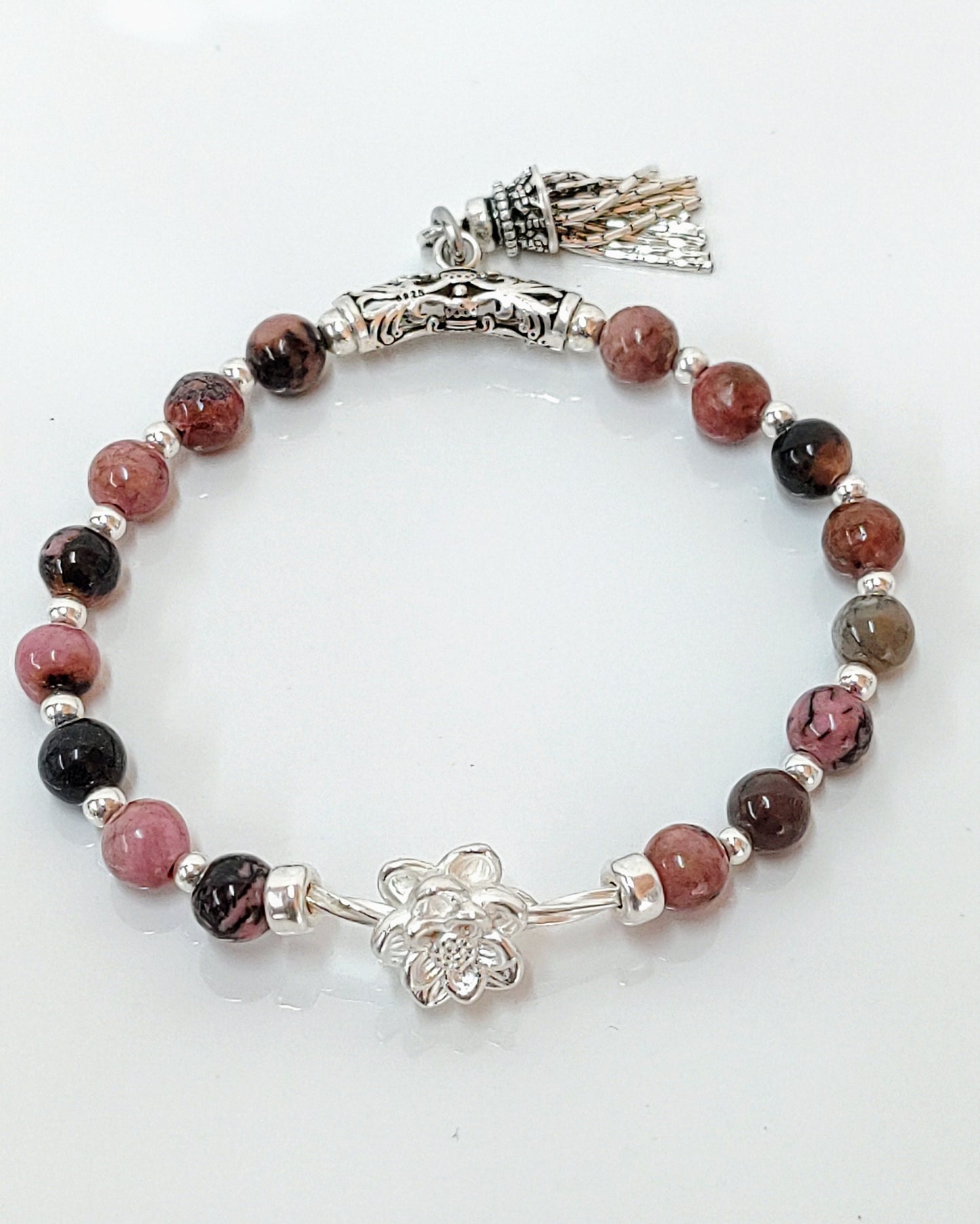 sterling silver bracelet, rhodochrosite jewelry, black veins beads, handmade stretch bracelet, women’s gift jewelry, gift for her, gemstone bracelet, stretchy silver bracelet, unique gemstone gift, natural stone bracelet, birthday gift jewelry, elegant everyday bracelet, handcrafted jewelry