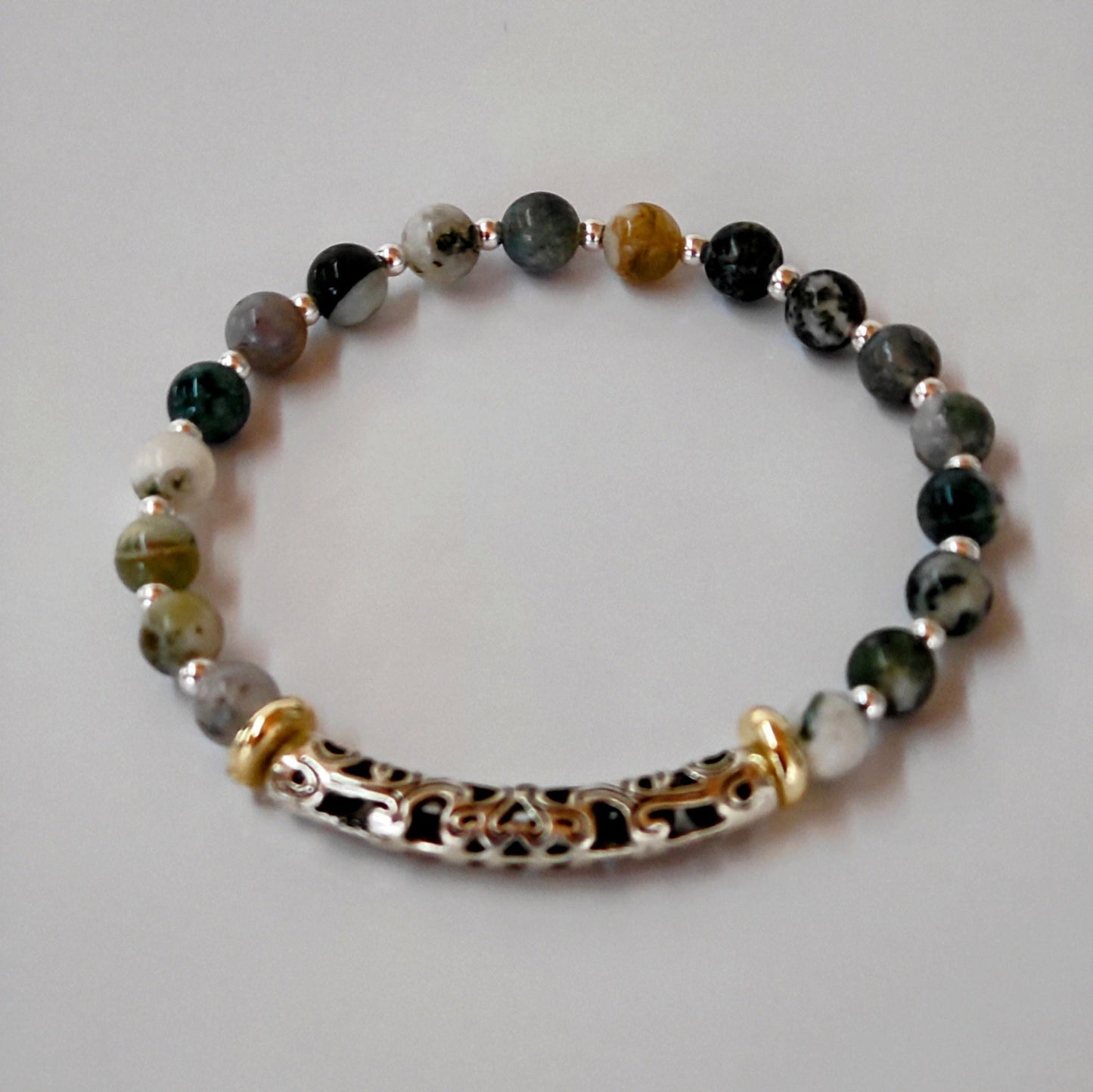 Handmade Jewelry Tree Moss Agate Bracelet, Artisan Sterling Silver Design, Ideal Gift for Nature Enthusiasts and Friends