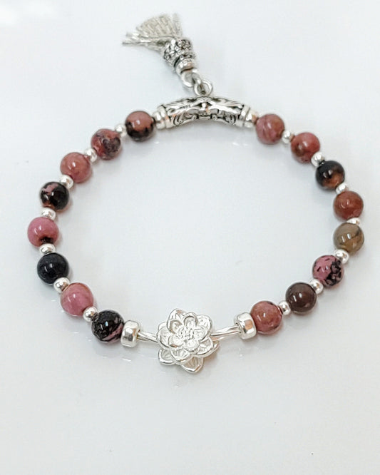 sterling silver bracelet, rhodochrosite jewelry, black veins beads, handmade stretch bracelet, women’s gift jewelry, gift for her, gemstone bracelet, stretchy silver bracelet, unique gemstone gift, natural stone bracelet, birthday gift jewelry, elegant everyday bracelet, handcrafted jewelry