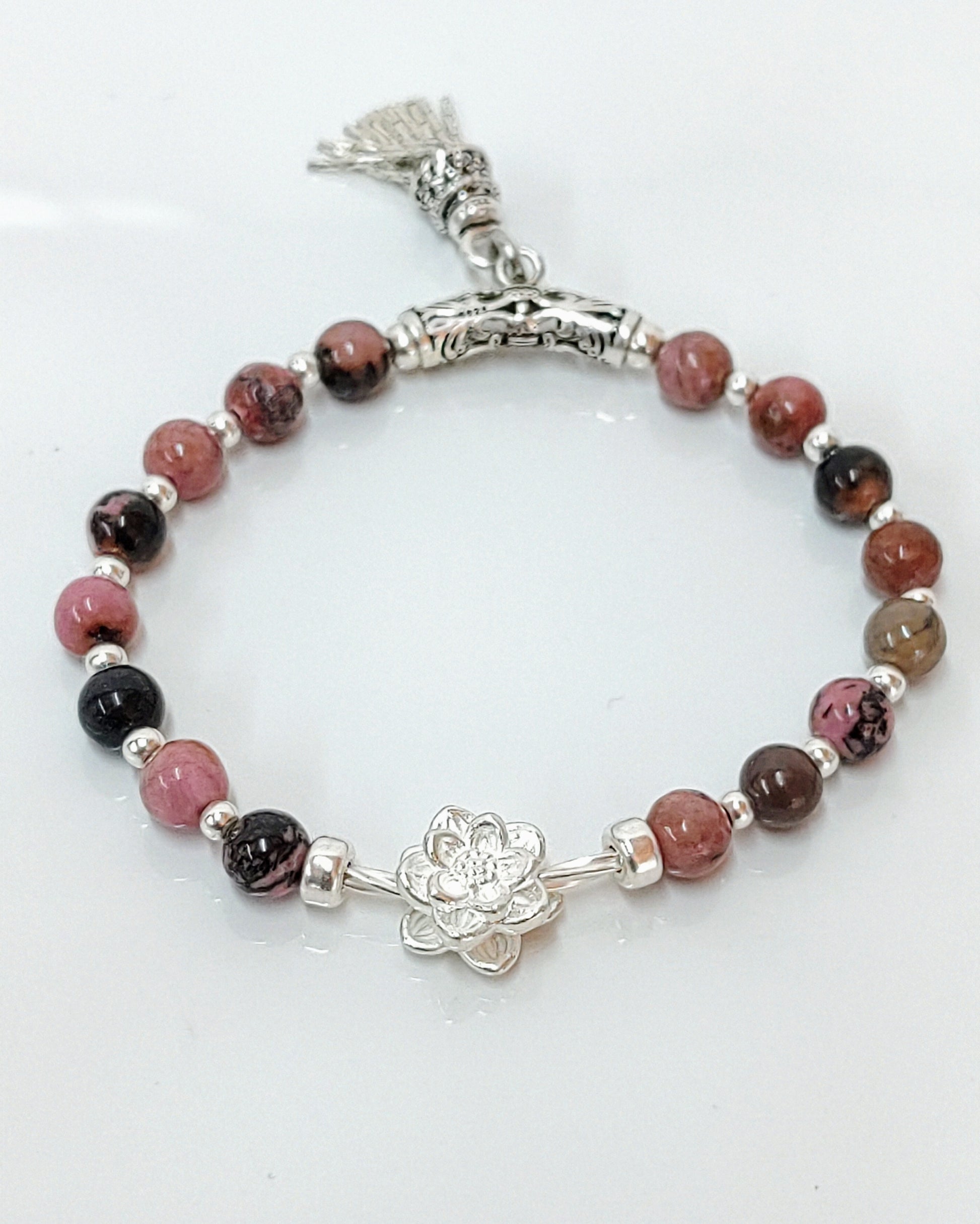 sterling silver bracelet, rhodochrosite jewelry, black veins beads, handmade stretch bracelet, women’s gift jewelry, gift for her, gemstone bracelet, stretchy silver bracelet, unique gemstone gift, natural stone bracelet, birthday gift jewelry, elegant everyday bracelet, handcrafted jewelry