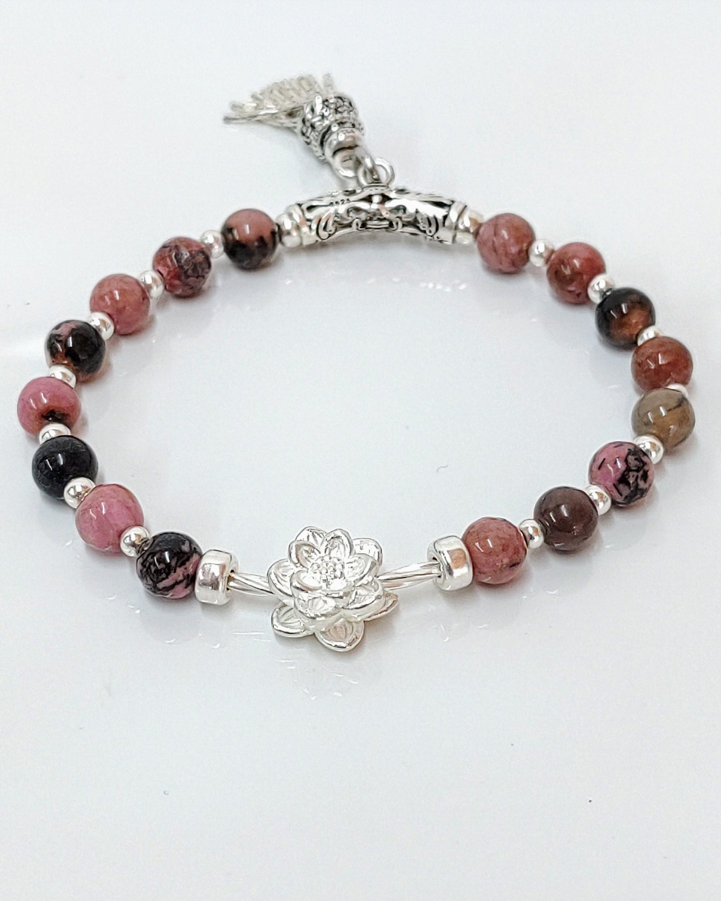 sterling silver bracelet, rhodochrosite jewelry, black veins beads, handmade stretch bracelet, women’s gift jewelry, gift for her, gemstone bracelet, stretchy silver bracelet, unique gemstone gift, natural stone bracelet, birthday gift jewelry, elegant everyday bracelet, handcrafted jewelry