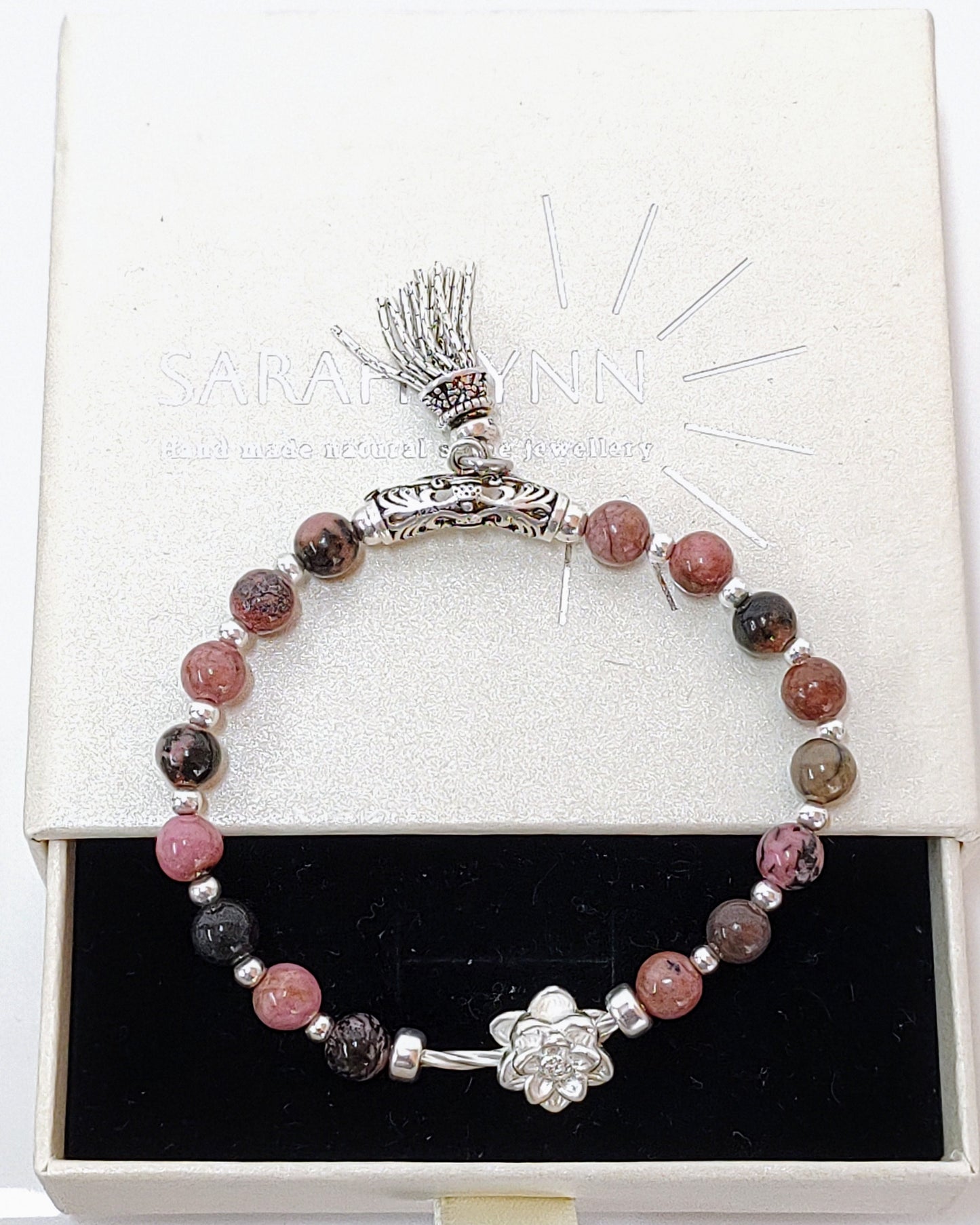 sterling silver bracelet, rhodochrosite jewelry, black veins beads, handmade stretch bracelet, women’s gift jewelry, gift for her, gemstone bracelet, stretchy silver bracelet, unique gemstone gift, natural stone bracelet, birthday gift jewelry, elegant everyday bracelet, handcrafted jewelry