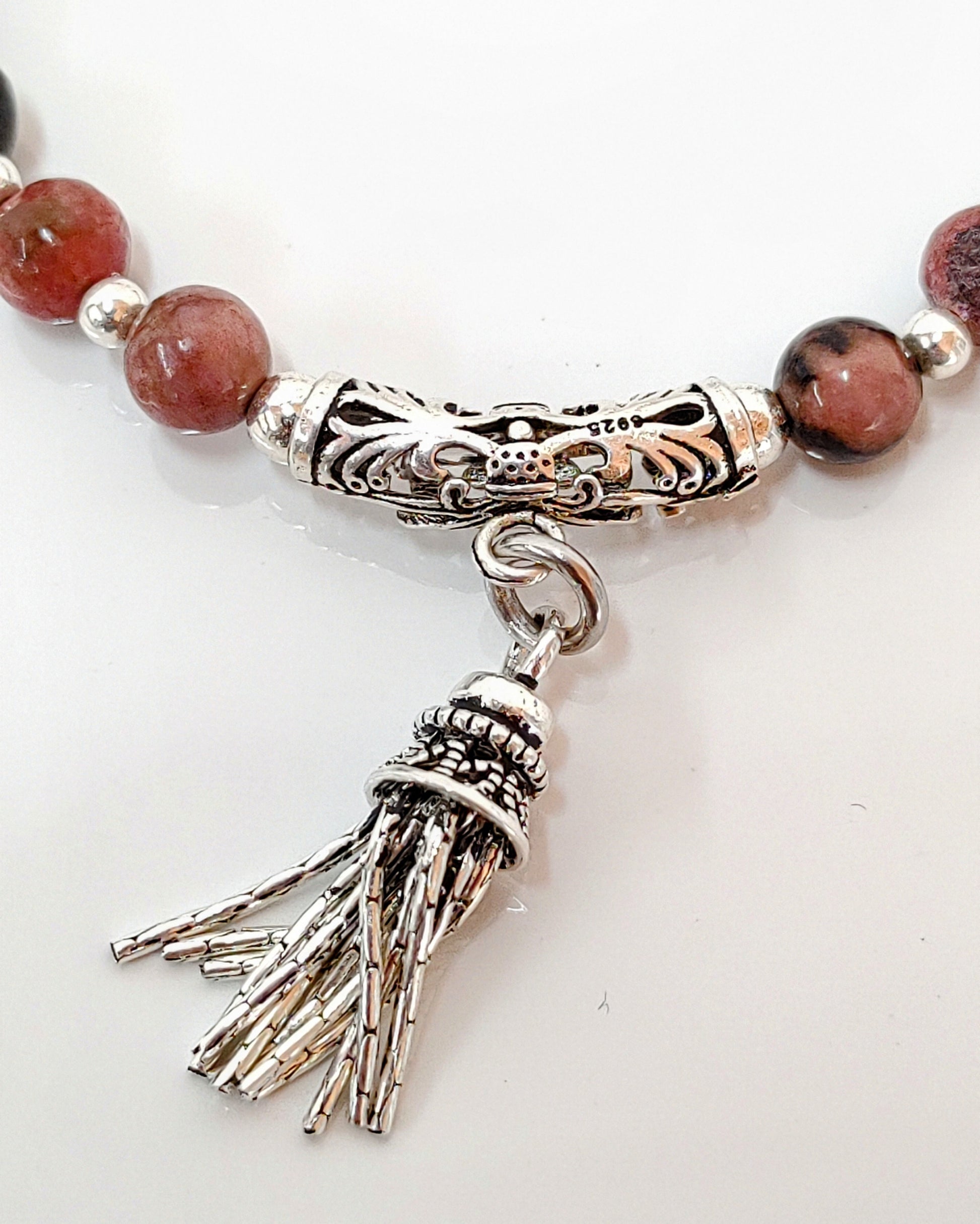 sterling silver bracelet, rhodochrosite jewelry, black veins beads, handmade stretch bracelet, women’s gift jewelry, gift for her, gemstone bracelet, stretchy silver bracelet, unique gemstone gift, natural stone bracelet, birthday gift jewelry, elegant everyday bracelet, handcrafted jewelry