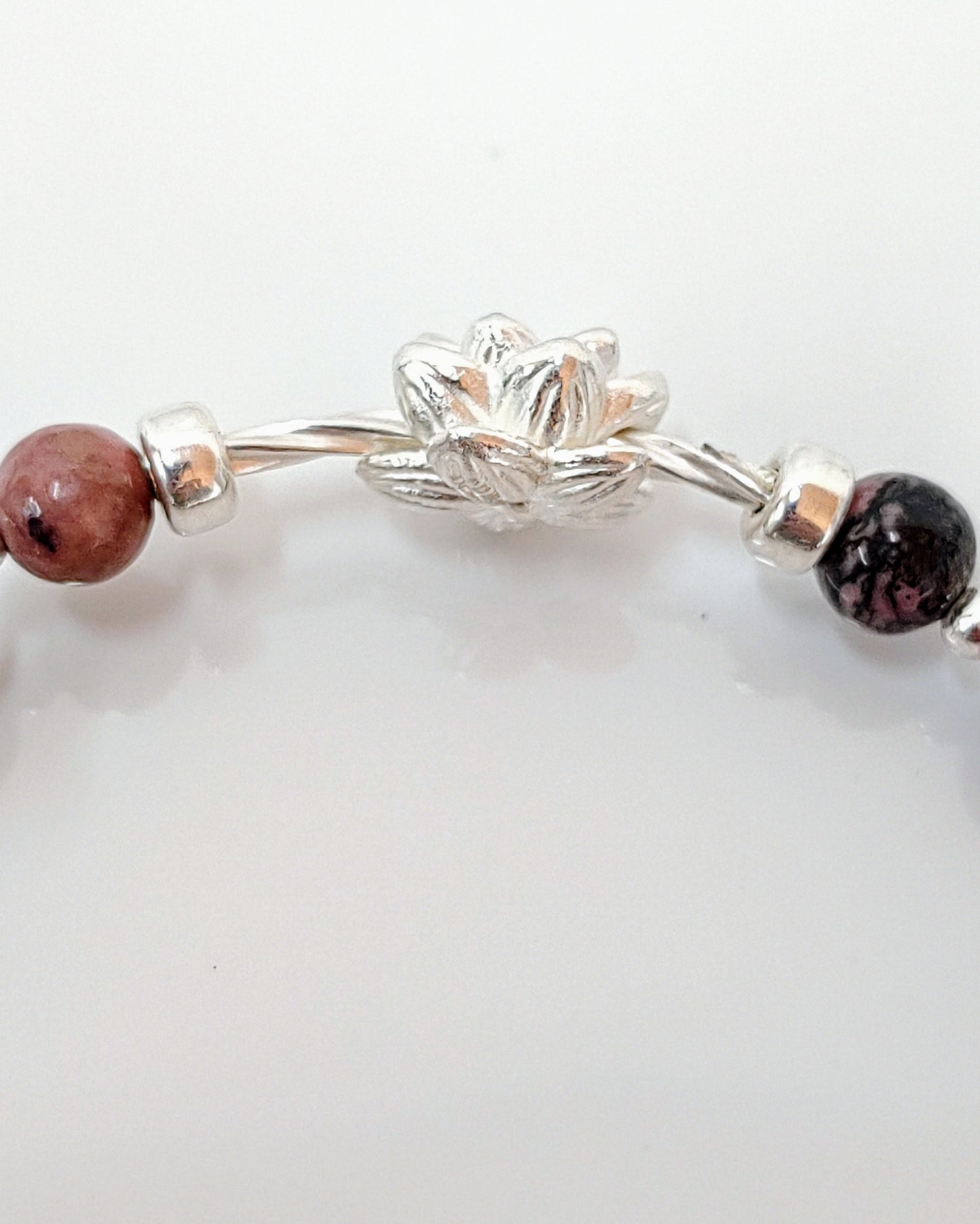 sterling silver bracelet, rhodochrosite jewelry, black veins beads, handmade stretch bracelet, women’s gift jewelry, gift for her, gemstone bracelet, stretchy silver bracelet, unique gemstone gift, natural stone bracelet, birthday gift jewelry, elegant everyday bracelet, handcrafted jewelry