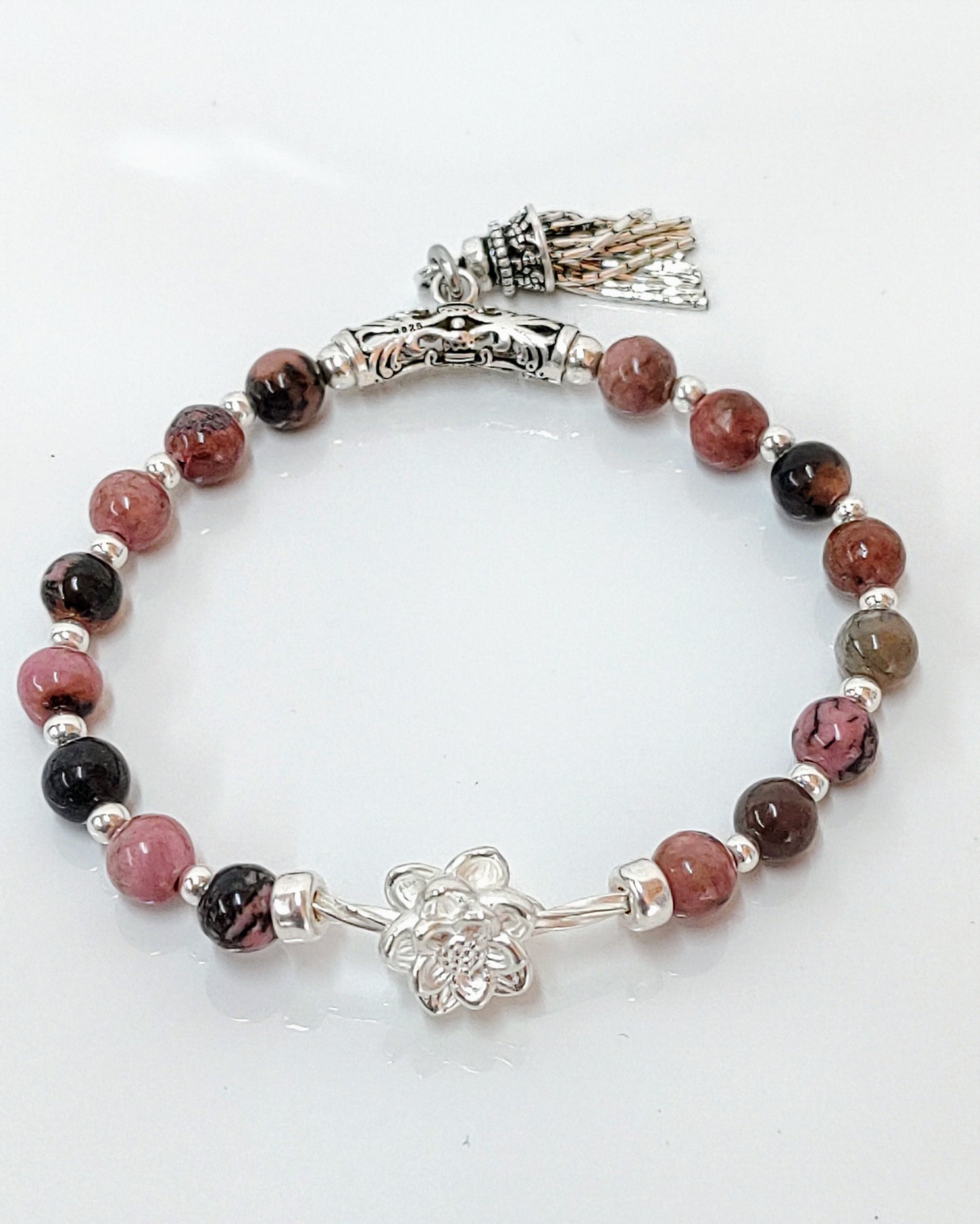 sterling silver bracelet, rhodochrosite jewelry, black veins beads, handmade stretch bracelet, women’s gift jewelry, gift for her, gemstone bracelet, stretchy silver bracelet, unique gemstone gift, natural stone bracelet, birthday gift jewelry, elegant everyday bracelet, handcrafted jewelry