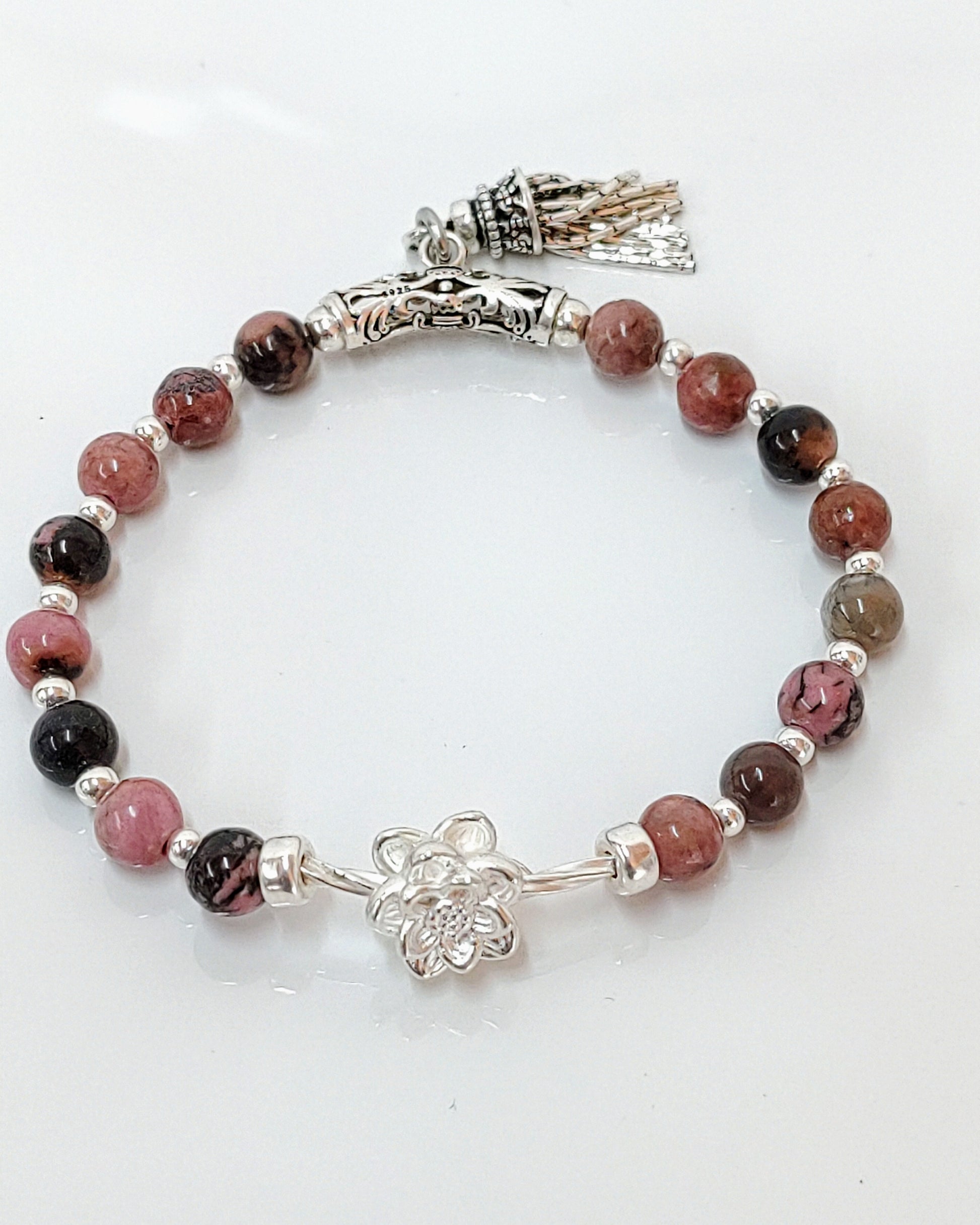 sterling silver bracelet, rhodochrosite jewelry, black veins beads, handmade stretch bracelet, women’s gift jewelry, gift for her, gemstone bracelet, stretchy silver bracelet, unique gemstone gift, natural stone bracelet, birthday gift jewelry, elegant everyday bracelet, handcrafted jewelry