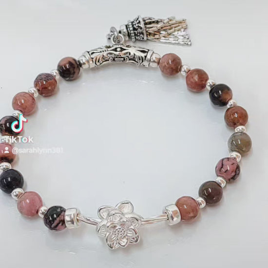 sterling silver bracelet, rhodochrosite jewelry, black veins beads, handmade stretch bracelet, women’s gift jewelry, gift for her, gemstone bracelet, stretchy silver bracelet, unique gemstone gift, natural stone bracelet, birthday gift jewelry, elegant everyday bracelet, handcrafted jewelry